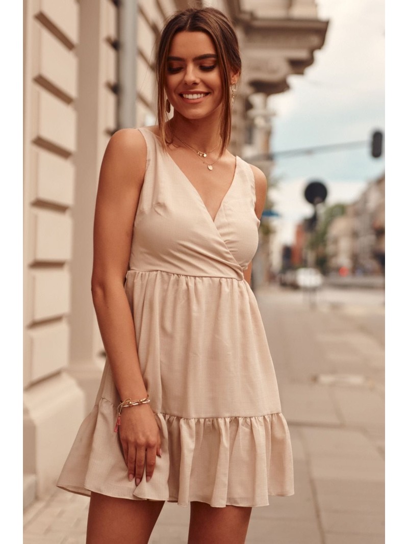 Lovely dress with an envelope neckline, beige PR3196 - Online store - Boutique